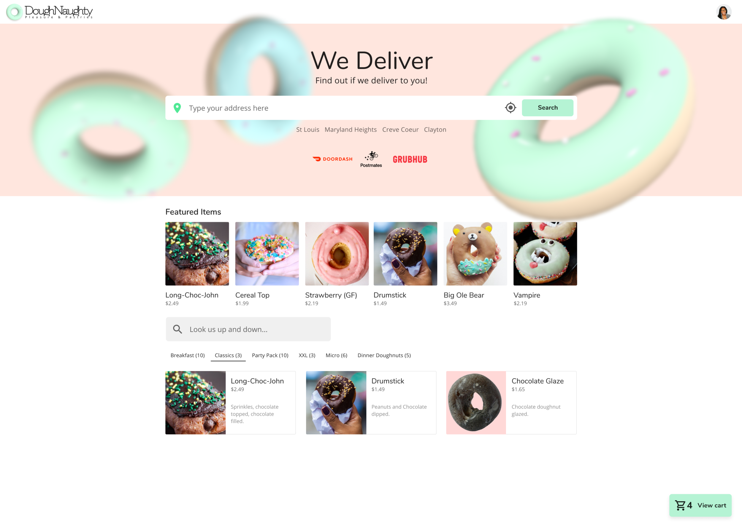 DoughNaughty mobile app — end-to-end UX and UI design for a location-aware food delivery product